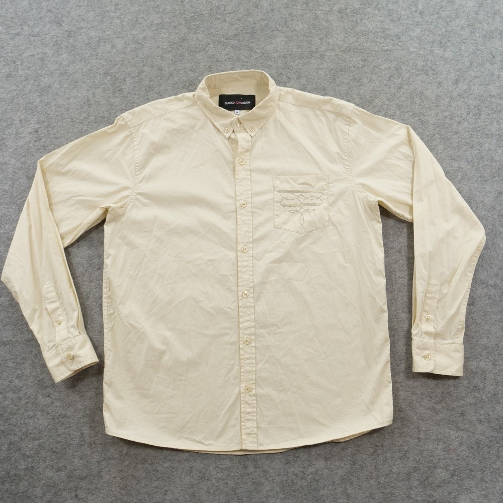 Bianca Chandon Shirt Mens Medium Beige Button Up Long Sleeve Embroidery Pocket